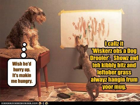I callz it 'Wiskerz obs a Dog Drooler'.   Showz awl teh kibbly bitz and leftober grass alwayz hangin frum yoor mug.