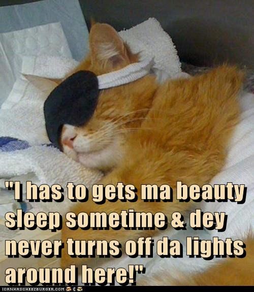 "I has to gets ma beauty sleep sometime & dey never turns off da lights around here!"