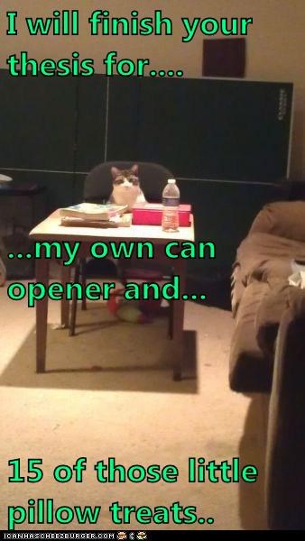 I will finish your thesis for.... ...my own can opener and... 15 of those little pillow treats..