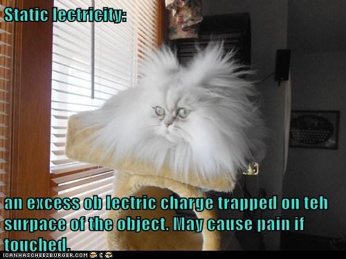 Static lectricity:  an excess ob lectric charge trapped on teh surpace of the object. May cause pain if touched.
