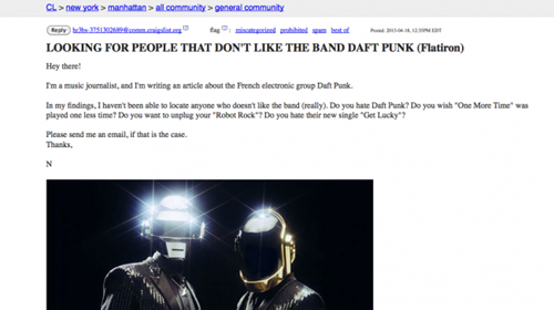 Music Journalist Seeks Anyone Who Does NOT Like Daft Punk on Craigslist