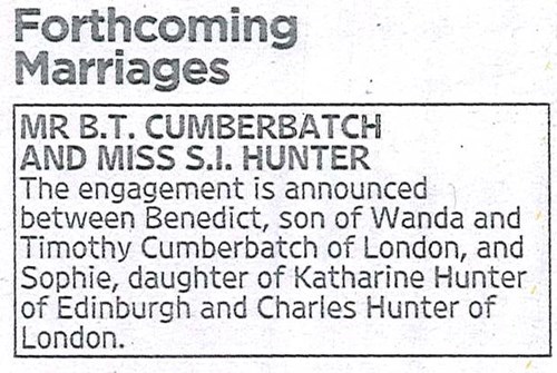 Engagement of the Day: Benedict Cumberbatch Announces Marriage Plans in Newspaper Ad