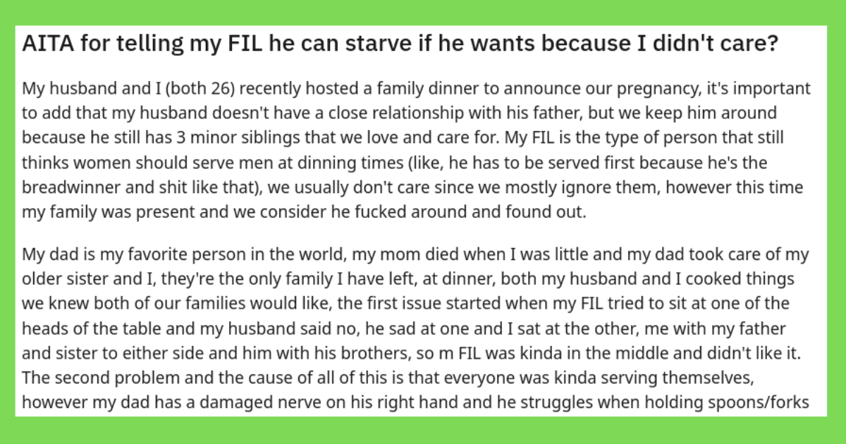 Sexist Father In Law Fuming After Daughter In Law Refuses To Serve Him