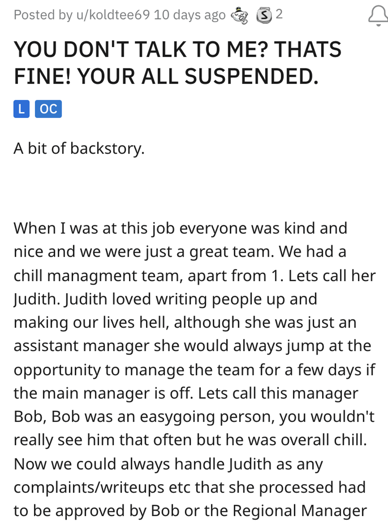 'We were all suspended' Insane powertripping manager reprimands and