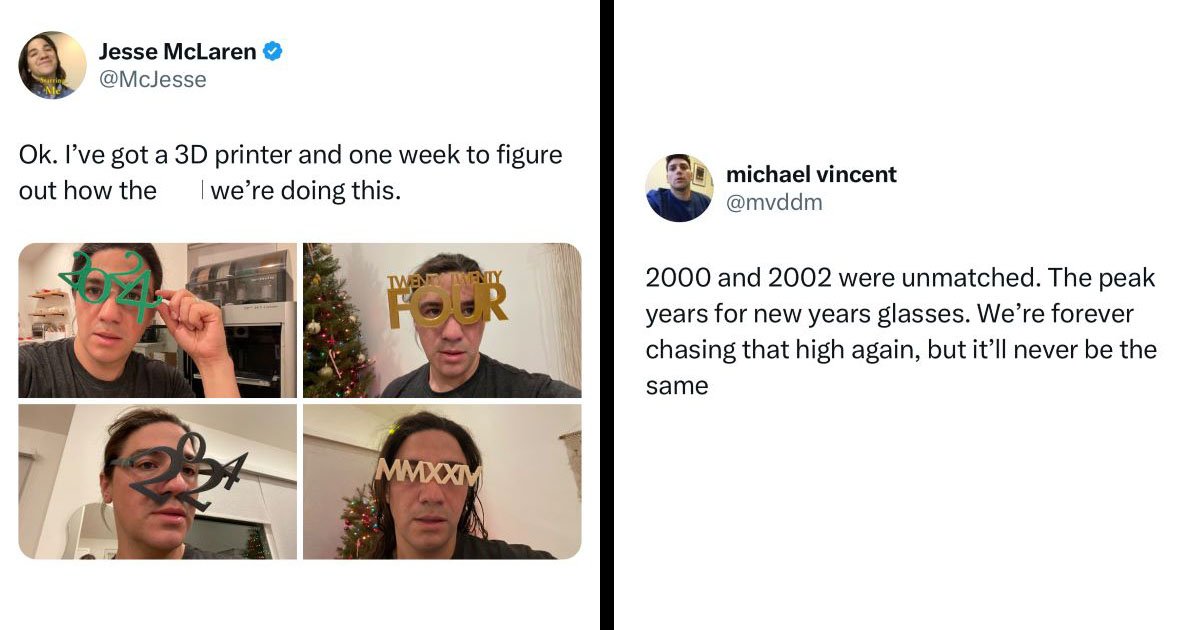 I've got a 3D printer and one week to figure out how we're doing this':  Comedian designs hilarious 2024 glasses, rivals the New Years Eve glasses  of the 2000s - Memebase 