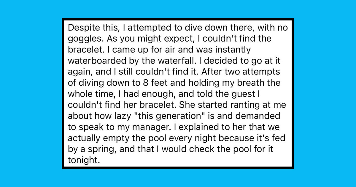Karen demands lifeguard find her lost bracelet at bottom of the pool, calls 'this generation