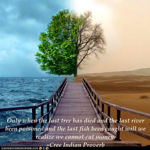 Only when the last tree has died and the last river been poisoned and the  last fish been caught will we realize we cannot eat money. ~Cree Indian  Proverb - Cheezburger -
