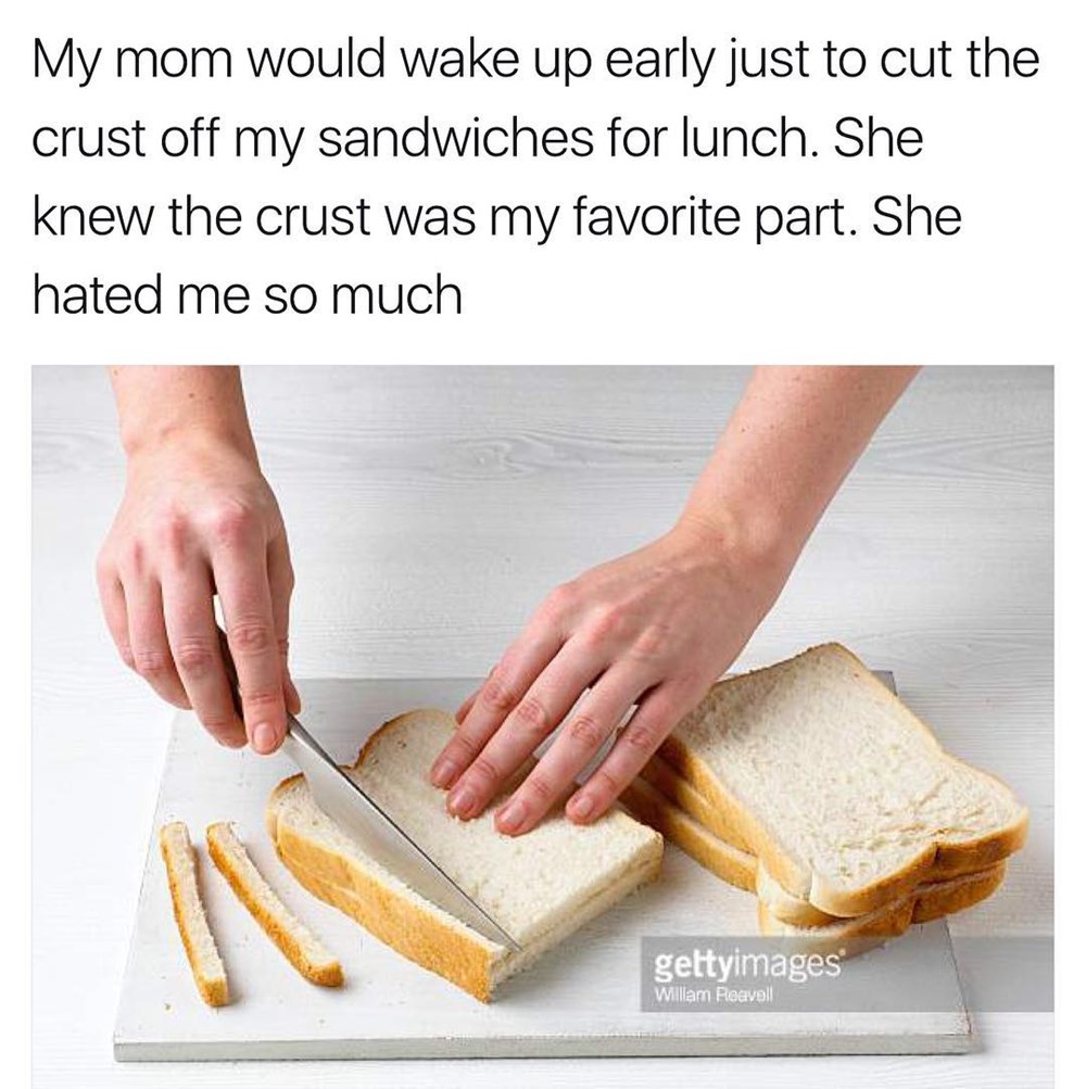 She parts. What is the name of the Bread crust of Cut. What we can see when we Cut the Bread in two ?. Proceeded to Cut me off.