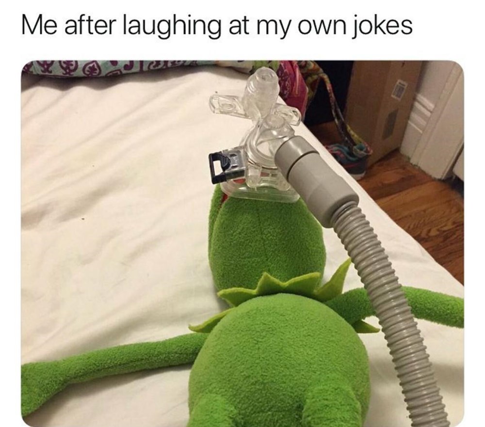 That Reads Me After Laughing At My Own Jokes Above A Photo Of Kermit The Frog With A Ventilator