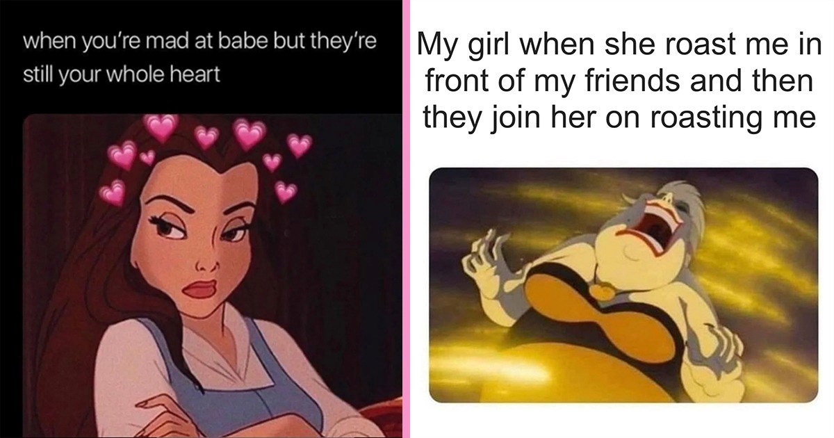 Funny relationship advice meme with Disney characters illustrating playful roasting.