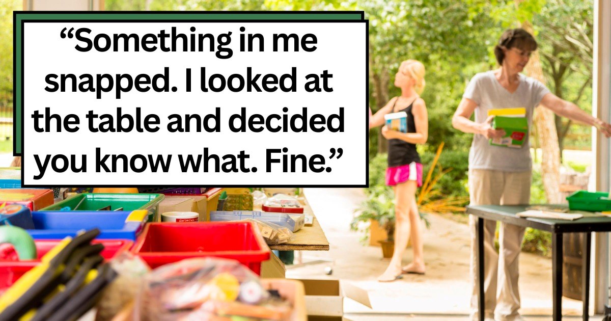 Woman buys an entire table of estate sale junk out of spite and donates it after another shopper keeps grabbing items out of her hands