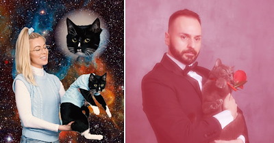 Fabulous Felines Join Their Hoomans for ‘80s-Style Family Photos That Get Better the Longer You Look