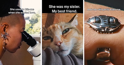 Jeweler honors her cat of 20 years with a handmade silver ring inspired by her little love bites: 'She still gently bites me'