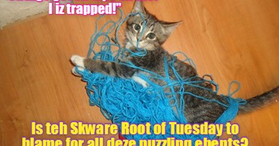 At KKPS, mysteries abound as Skolar Bertie suddenly finds himself entrapped by clingy string in teh Recreashun Room even tho hims wer not playing wiff it!