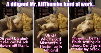 KKPS: Mr. AllThumbs iz testing teh comfyness of a new chair in teh Skool Lownge, when he uneggspectedly sees a Skolar lift off teh grownd and go high into teh air!