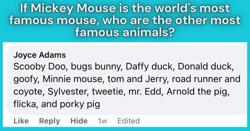15 facebook comments who are other most famous animals | thumbnail blue background "Joyce Adams Scooby Doo, bugs bunny, Daffy duck, Donald duck, goofy, Minnie mouse, tom and Jerry, road runner and coyote, Sylvester, tweetie, mr. Edd, Arnold the pig, flicka, and porky pig Like Reply Hide 1w Edited"