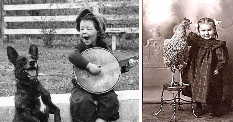 33 Pawdorable Film Pet Portraits Awwdorable Animal Archives | thumbnail includes two images one image shows a dog dancing next to a young boy playing a banjo, the other image shows a young girl standing next a chicken 