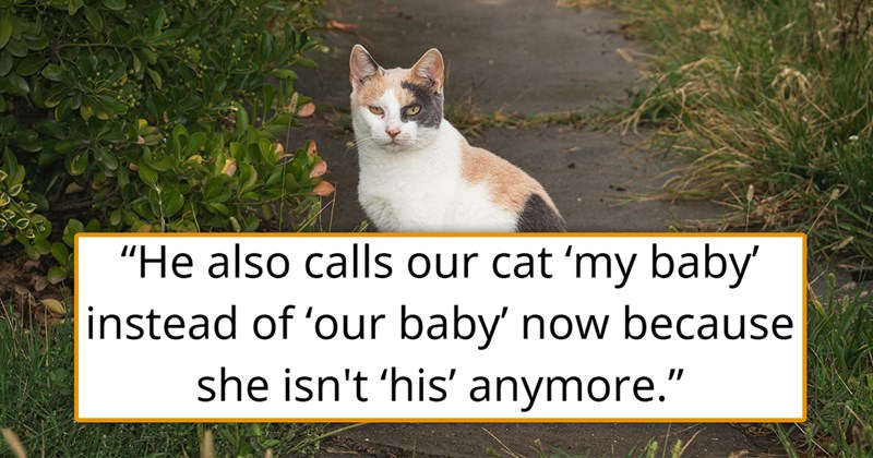story about a husband making his wife choose between living him and keeping the cat that he got her | thumbnail icludes one picture of a calico cat sitting outside 'He also calls our cat "my baby" instead of "our baby" now because she isn't "his" anymore.'