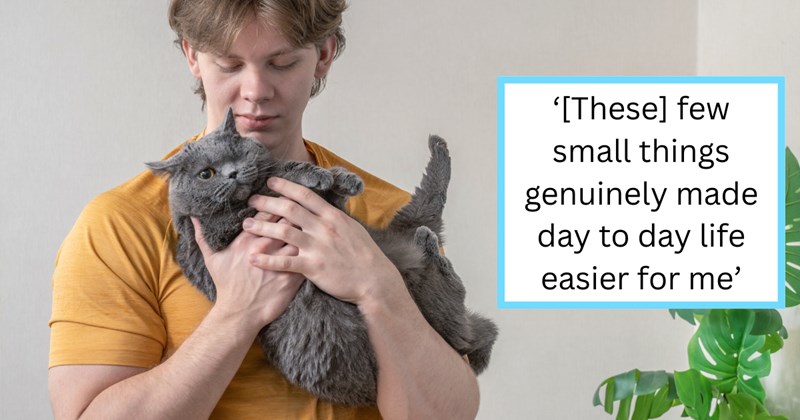 Information and pictures from cat owners that made their lives as cat owners easier | Thumbnail includes one picture of a Man Spending Time with His Cat at Home, and one picture of text including ''[These] few small things genuinely made day to day life easier for me''