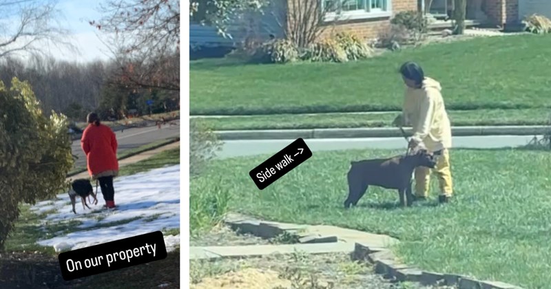 Story of dog owner trespassing onto neighbor's property | Thumbnail includes one picture of a dog owner and dog including 'On our property' and one picture of a dog owner and dog including 'Side walk ->'