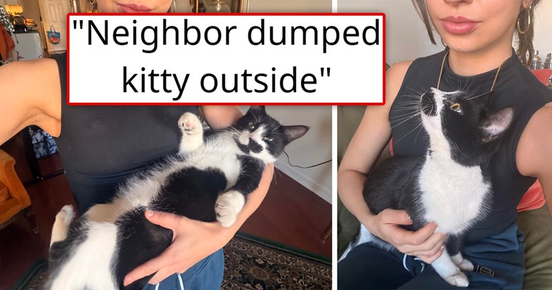 story about a neighbor abandoning their cat because of their daughter's allergies and someone else finding the cat outside | thumbnail includes two pictures of a woman holding a tuxedo cat 'Neighbor dumped kitty outside'