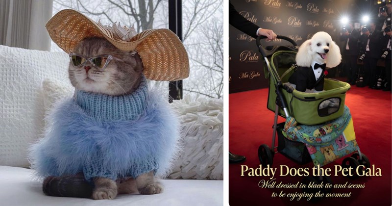 27 pictures of cats and dogs in costumes | Thumbnail includes one picture of a cat wearing a fancy outfit, and one picture of a dog in a tuxedo including 'Pala Na Gale Pala Map Pale Met Gala Pala Ma Gala Pala M Pala Ma Gala Pala Mala Pala Met Y Pala Met Gala Paddy Does the Pet Gala Well dressed in black tie and seems to be enjoying the moment'
