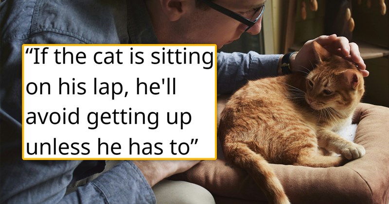 story about a girlfriend breaking up with her boyfriend because he's too affectionate with his cat | thumbnail includes one picture of a man petting an orange cat 'If the cat is sitting on his lap, he'll avoid getting up unless he has to'
