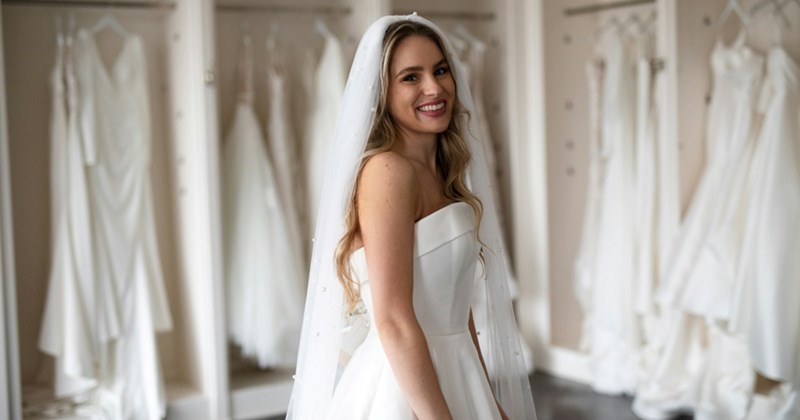 A representation of a bride-to-be standing sideways in a wedding dress shop, smiling as she tries on a dress and veil