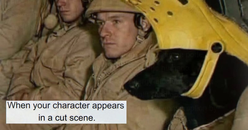 25 Pandamonium Packed Animal Memes When your Mind 90% Melting 10% Screaming | thumbnail includes one image which shows a black dog with a yellow croc on its head sitting next to firemen ‘When your character appears in a cut scene.’