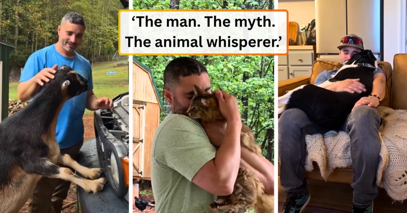 16 animals and man and text pictures, 11 animals and man pictures, 1 video | thumbnail includes one picture of a man with a goat, one picture of a man with a cat, one picture of a man with a dog, and ‘The man. The myth. The animal whisperer.’