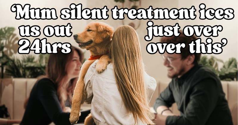 Story of dog mom getting left out of daughter's date | Thumbnail includes one picture of a couple on a date with woman holding her dog in front of them including 'Mum silent treatment ices us out 24hrs just over Over this'
