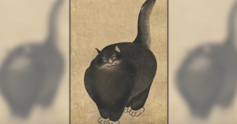 Story of musings of Japanese emperor about his black cat | Thumbnail includes a drawing from a Japanese manuscript of a black cat 