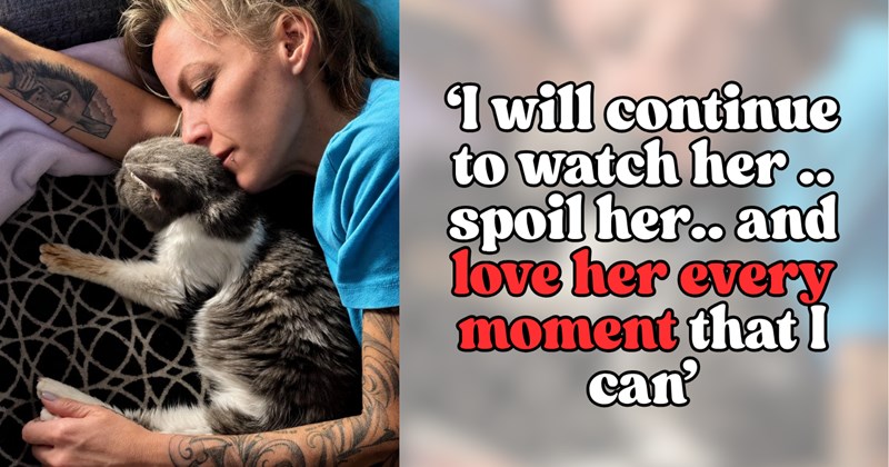 Story of learning when to let go of senior cats | Thumbnail includes one picture of a woman cuddling with a senior cat, and one picture of text including '‘I will continue to watch her .. spoil her.. and love her every moment that I can’'