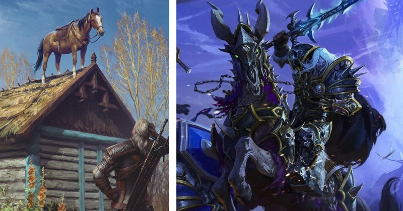 20 pictures of characters and their horses with text | thumbnail includes one picture of Geralt of Rivia and Roach, and one picture of Arthas Menethil and Invincible