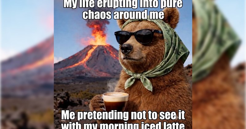 27 Funny Fluffy Memes Kick Off Your Workday When You’re Bearly Awake | thumbnail includes one image which shows a bear wearing a head scarf holding a coffee in front exploding volcano ‘My life erupting into pure chaos around me’ ‘Me pretending not to see it with my morning iced latte’