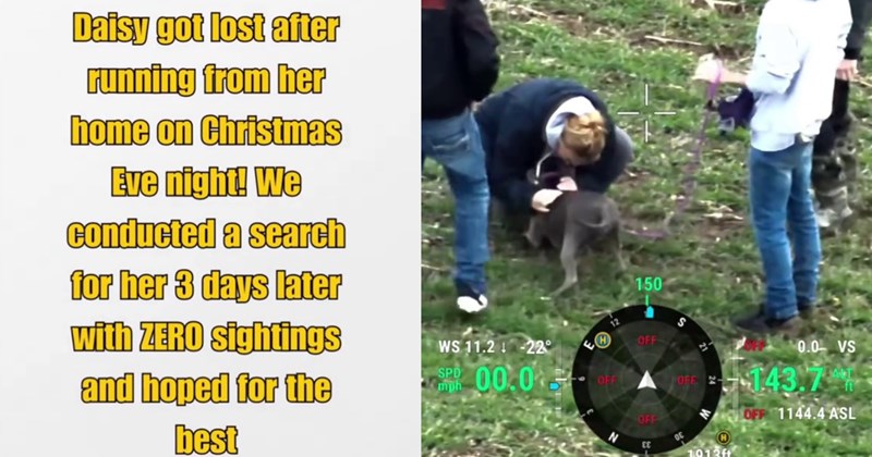 Dramatic doggo rescue operation carried out by pupper pawrent drone pilot successfully reunites lost dog family 3 days after her Xmas Eve escape: ‘Using thermal drone technology, found Daisy in an area impossible cover on foot.’ | thumbnail includes two images one image shows text ‘Daisy got lost after running from her home on Christmas Eve night! We conducted a search for her 3 days later with ZERO sightings and hoped for the best’, the other image shows a dog reuniting with parent in fi