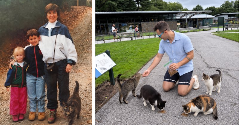 Story and history of Blake Seidel, Brand Manager and Managing Editor for I Can Has Cheezburger | Thumbnail includes one picture from the 90s of Blake's family and their cat, and one picture of Blake feeding stray cats
