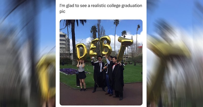 College students holding balloons that say Debt
