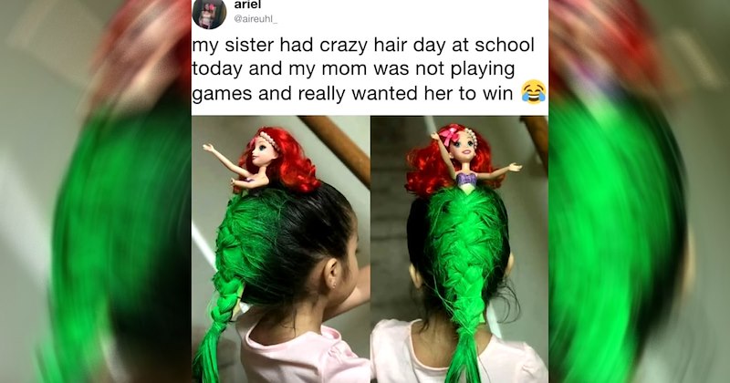 An Ariel barbie doll stuck in a braid that has been dyed green