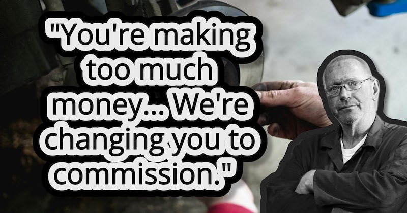 The boss stands with his arms crossed next to an overlay of what he supposedly said to the employee about changing his payment structure from a fair hourly rate to a new, unfair commission structure. 
