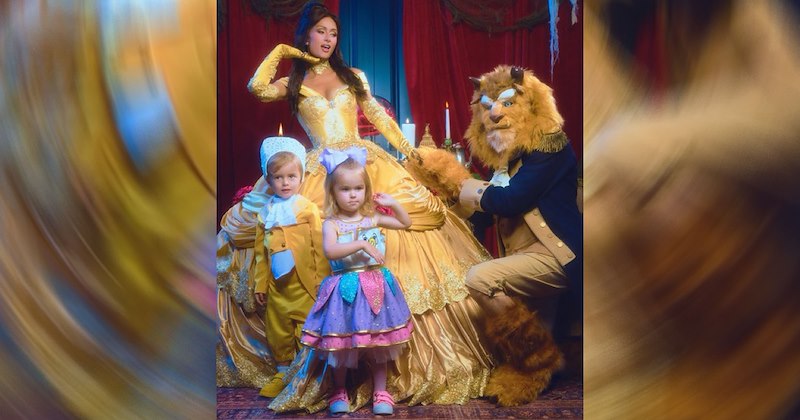 Paris Hilton and her family wearing Beauty and the Beast Halloween costumes